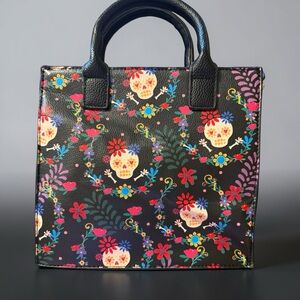 Black Floral Sugar Skull Crossbody Bag with Colorful Print